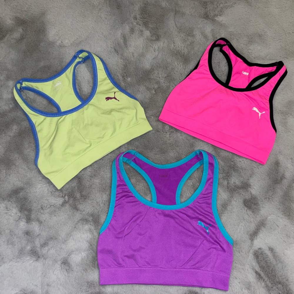 🐆Girls Puma Trio Sports Bras - Neon Pink, Lime, and Violet
